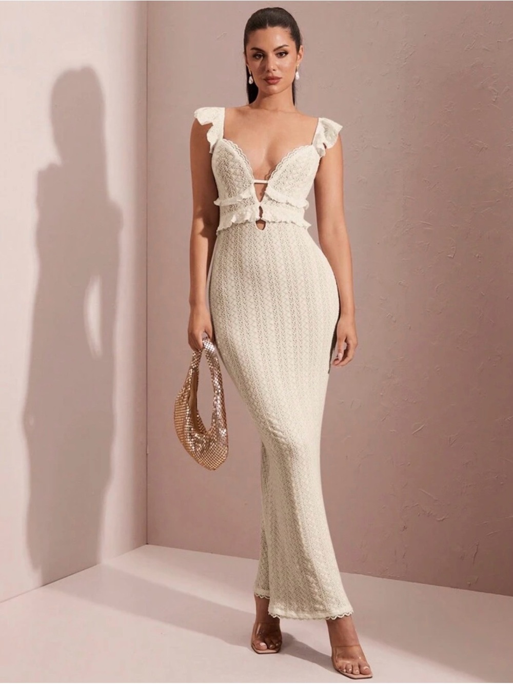 Cream Lace Knit Maxi Dress with Ruffle Straps